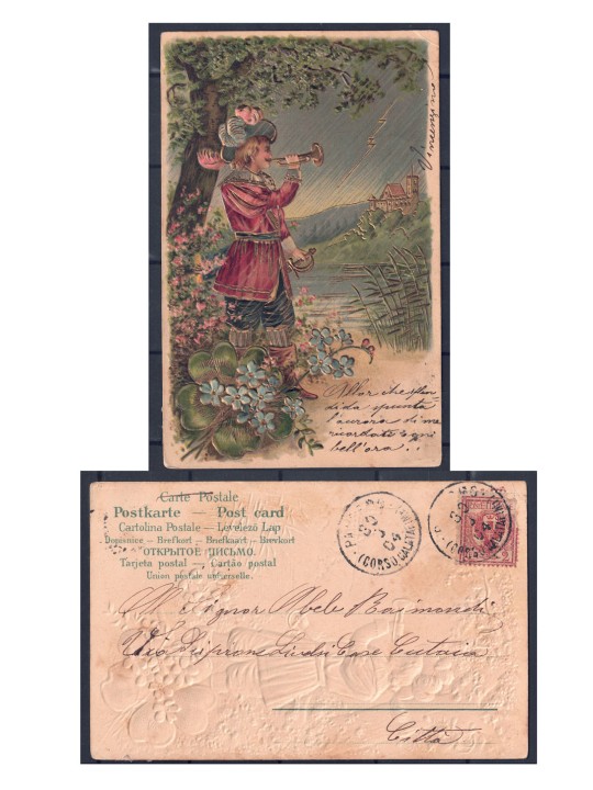 CARTOLINA d'Epoca Illustrata in rilievo con dorature- viaggiata - (1904)