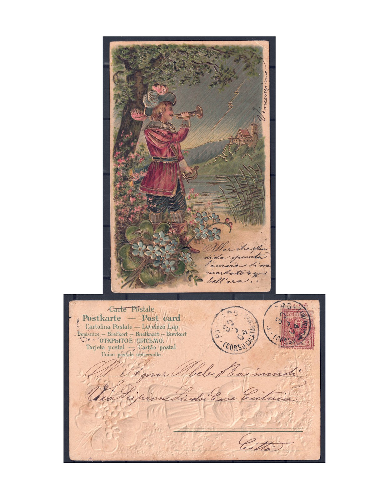 Vintage illustrated postcard with embossed design and gilding – sent – (1904)