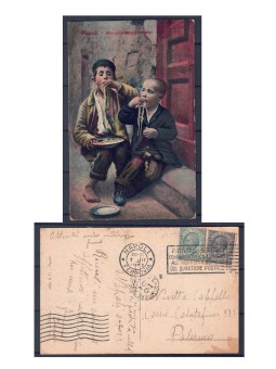 POSTCARD: Naples – Eat macaroni – Sent in 1923 with a special postmark