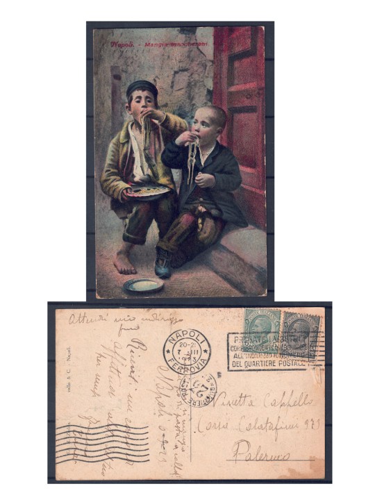 CARTOLINA Napoli Mangia maccheroni - Viaggiata 1923 con annullo speciale