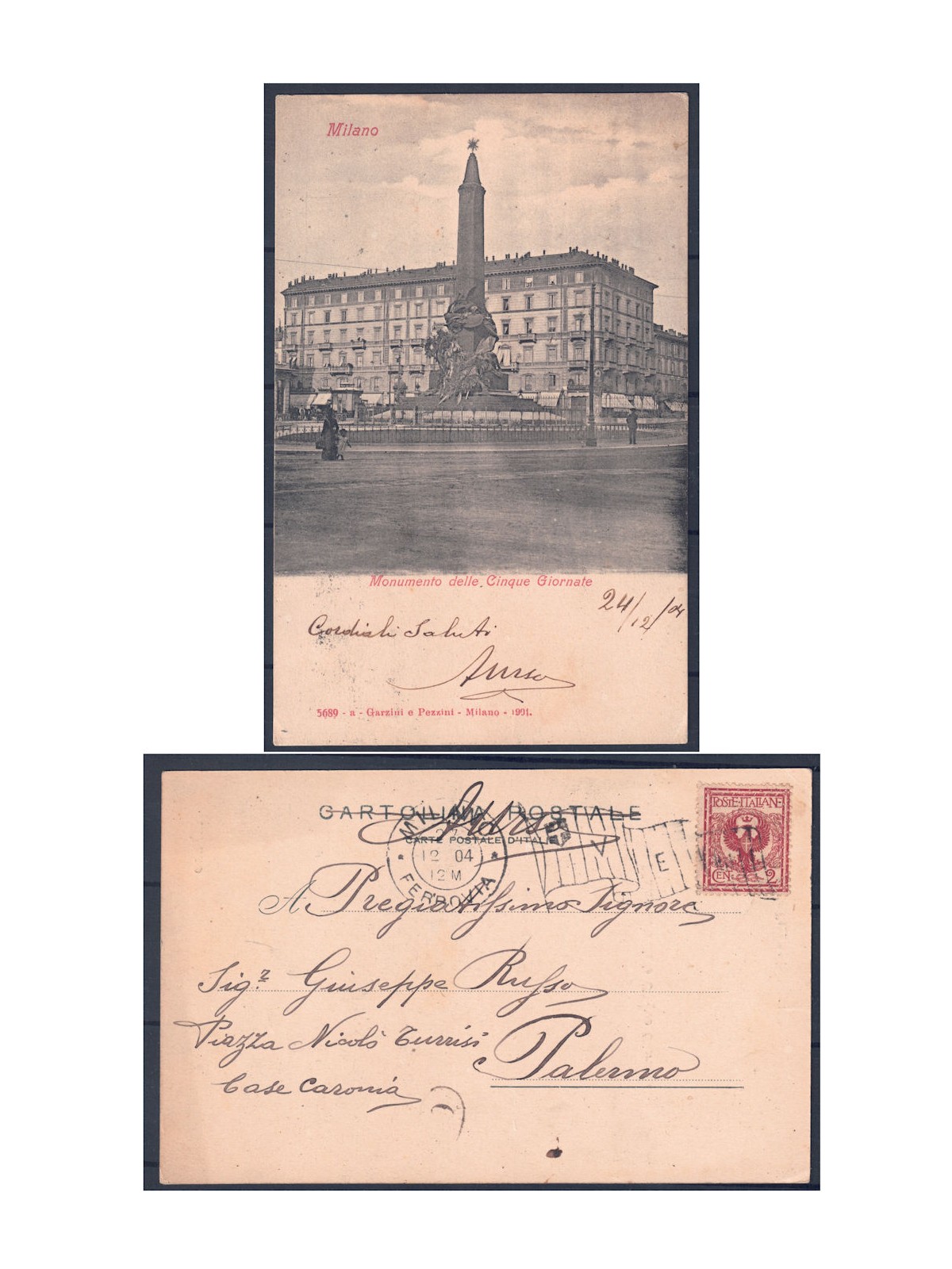 POSTCARD Milan – Monument to the Five Days – Postmarked 1904