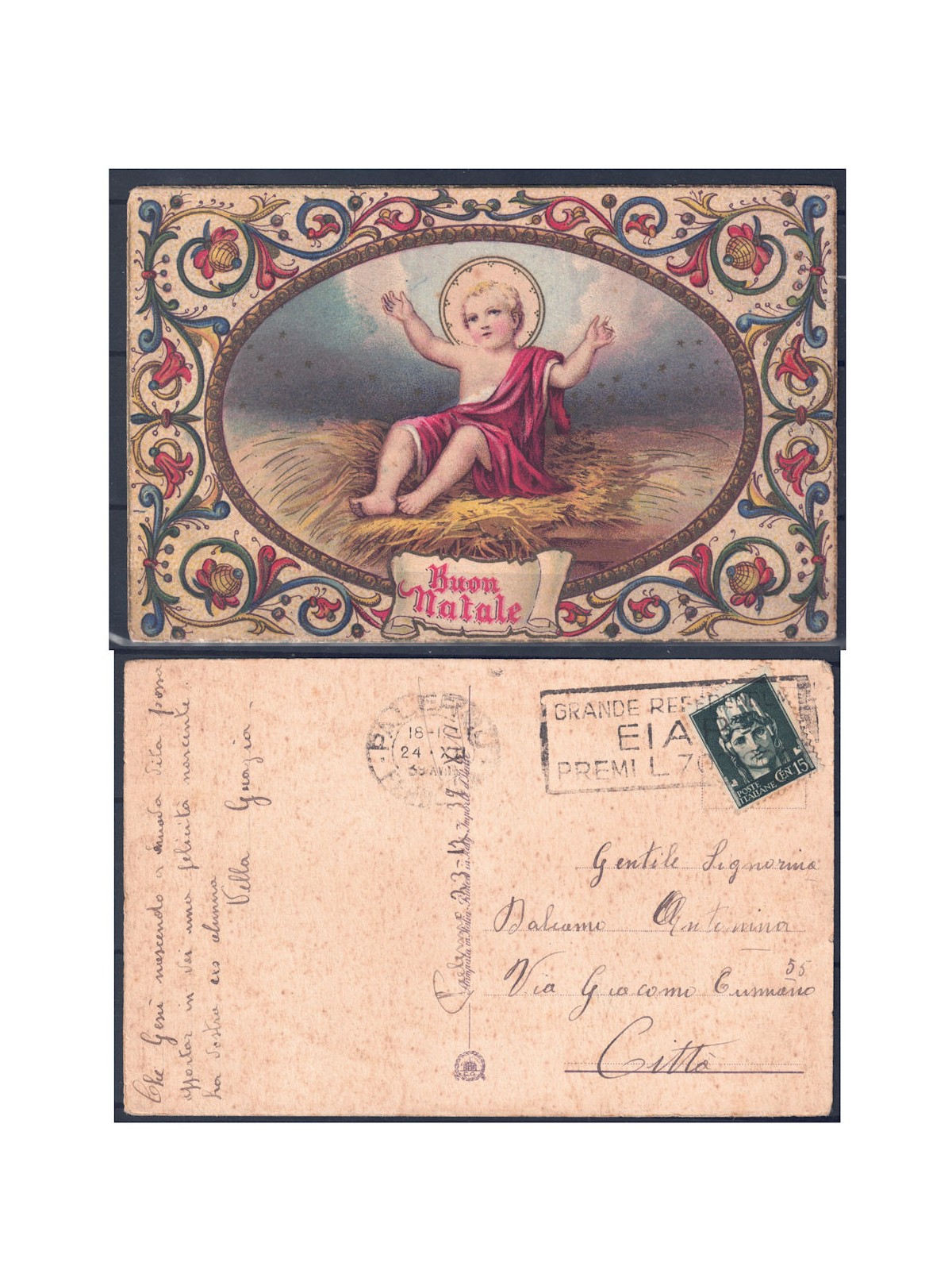 Postcard: Merry Christmas – The Baby Jesus – Sent from Palermo, 1932