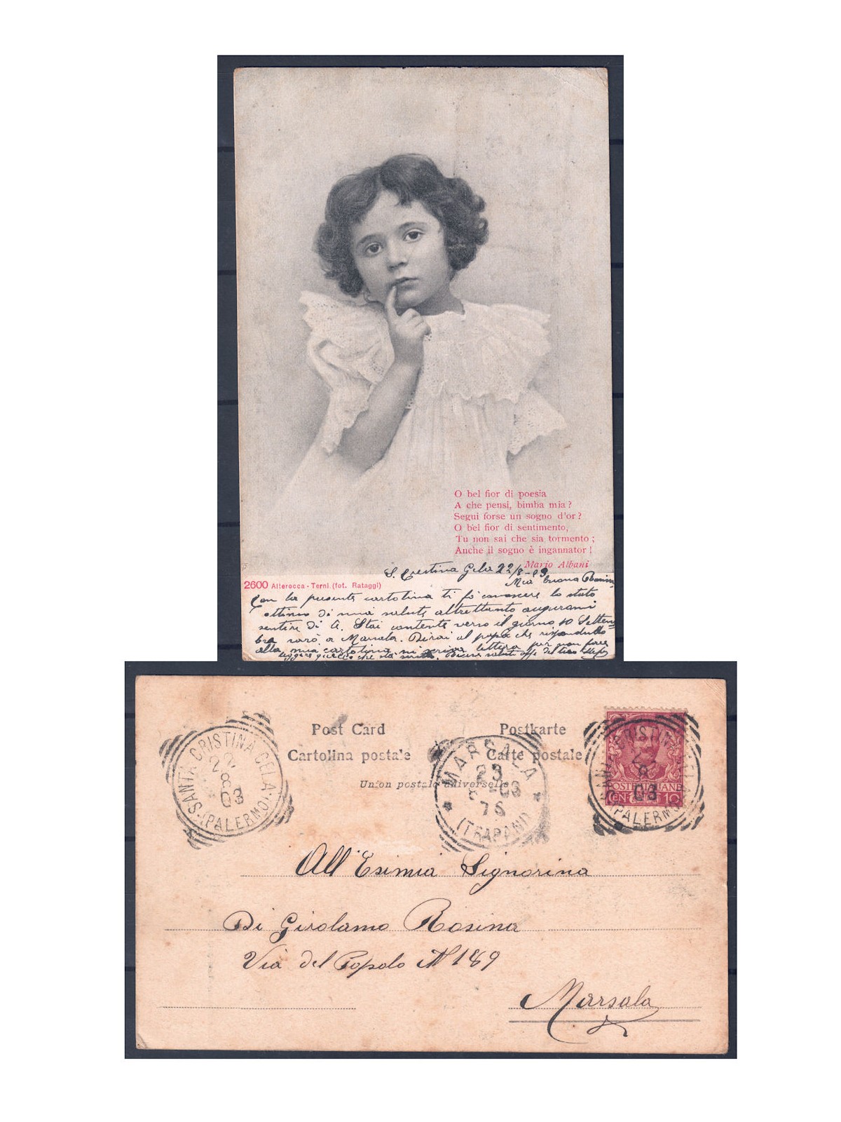Postcard, 1903 Little Girl Publisher Alterocca, Terni – Postmarks Santa Cristina, Gela – Palermo and Marsala