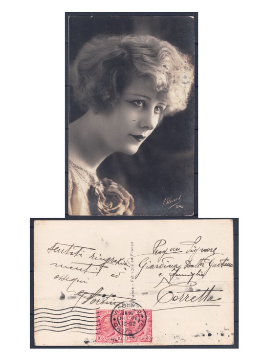Cartolina Donna Anni '20 Bleuet 842 - Coppia 10c Leoni