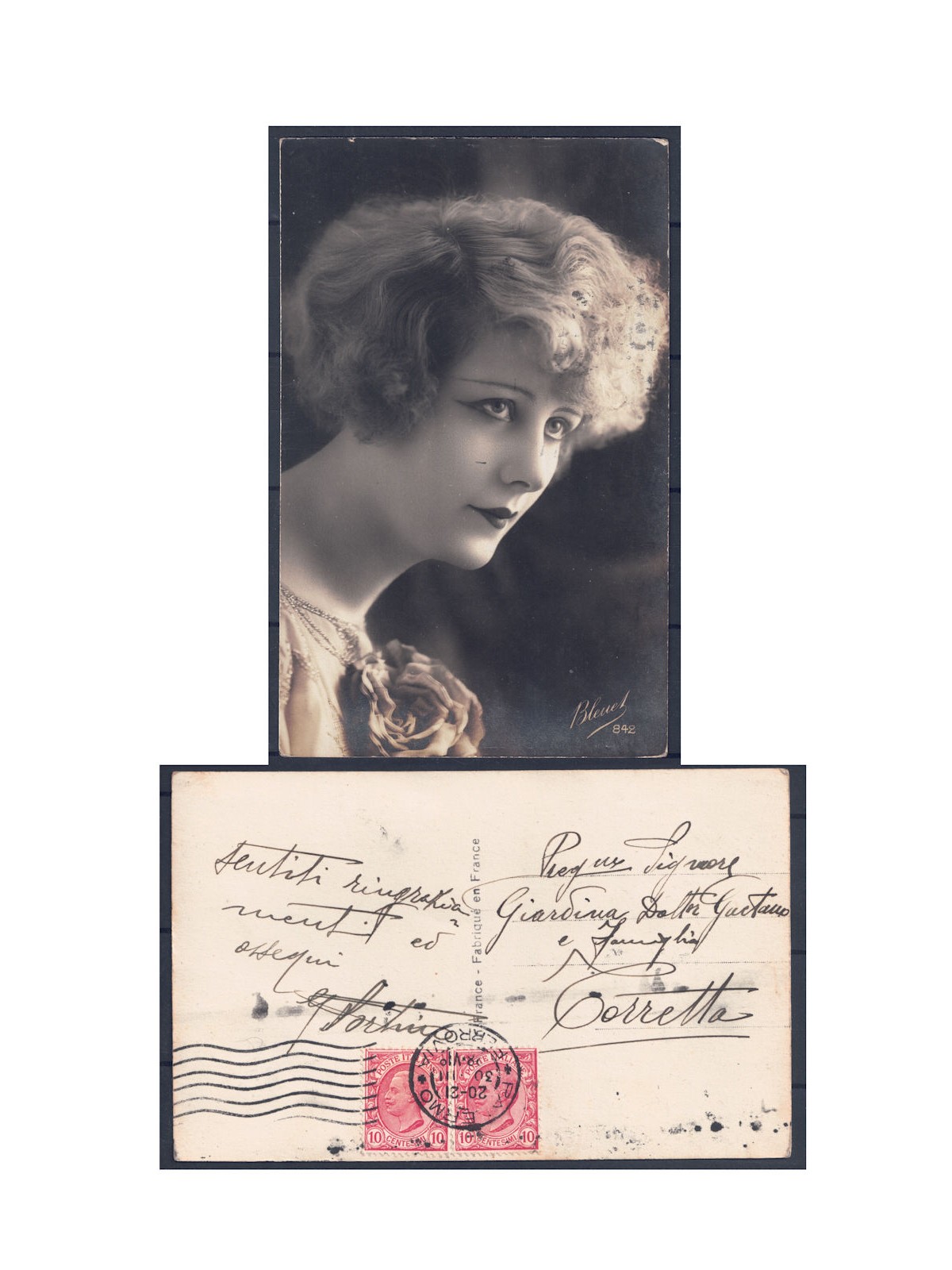 Cartolina Donna Anni '20 Bleuet 842 - Coppia 10c Leoni