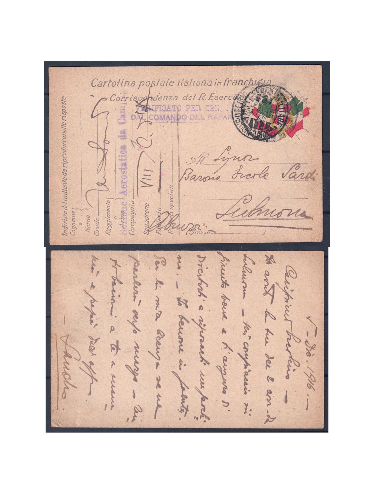 Cartolina postale italiana in franchigia 1916