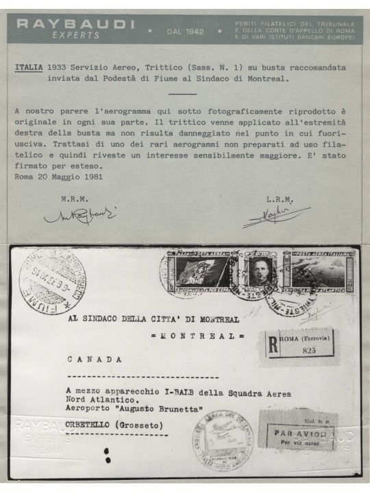 Italia Regno 6/6/1933 Servizio di Stato Aerogramma Cat. € 35.000