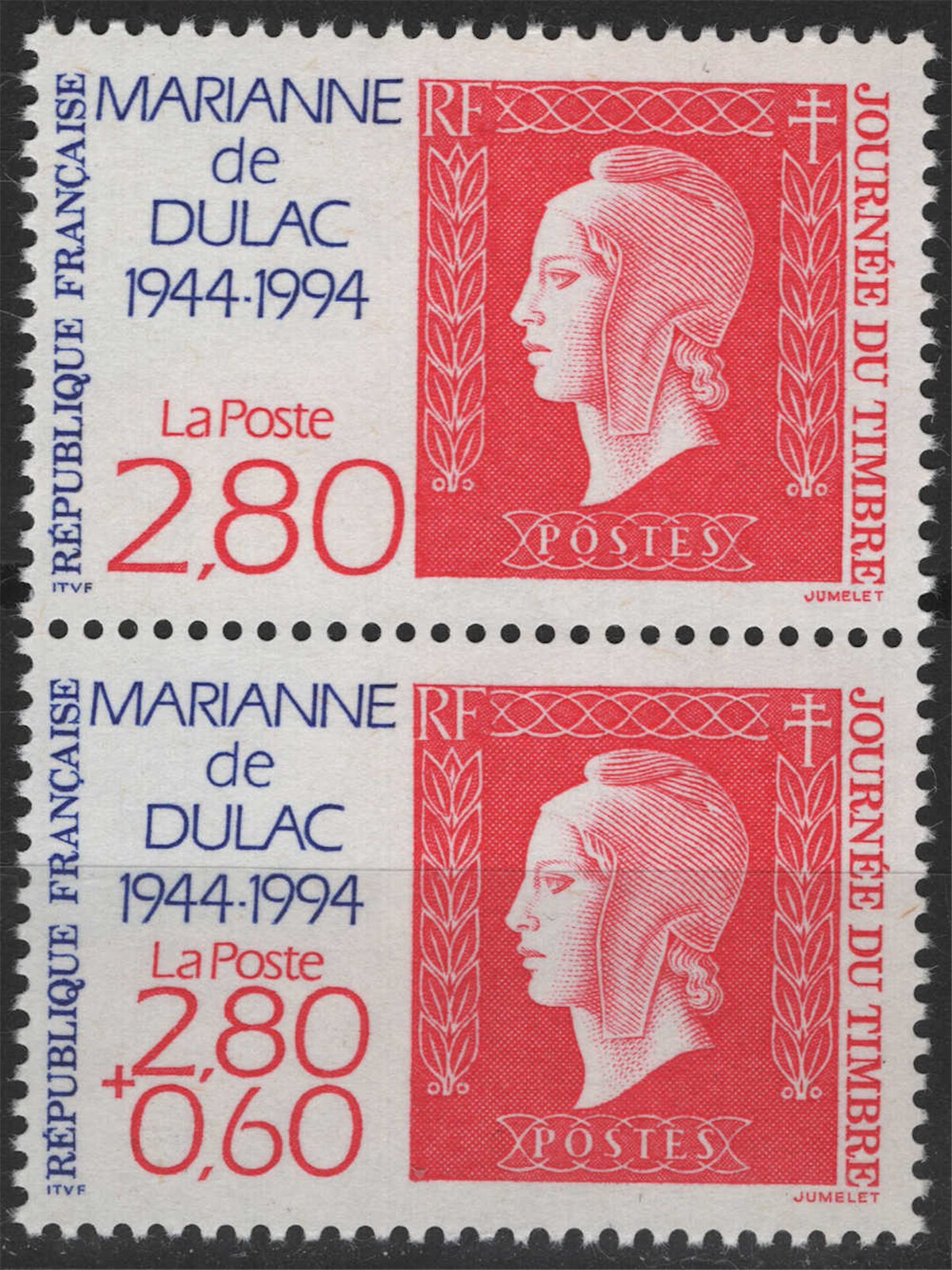 FRANCIA 1994 Marianna di Dulac senza soprattassa (in coppia) MNH**