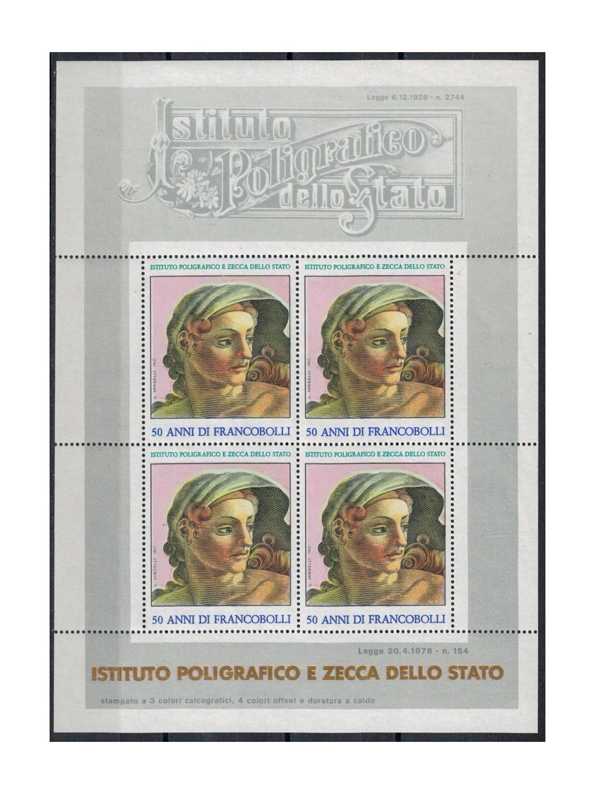 ITALIA 1978 IPZS 50 anni di francobolli, foglietto erinnofilo MNH**