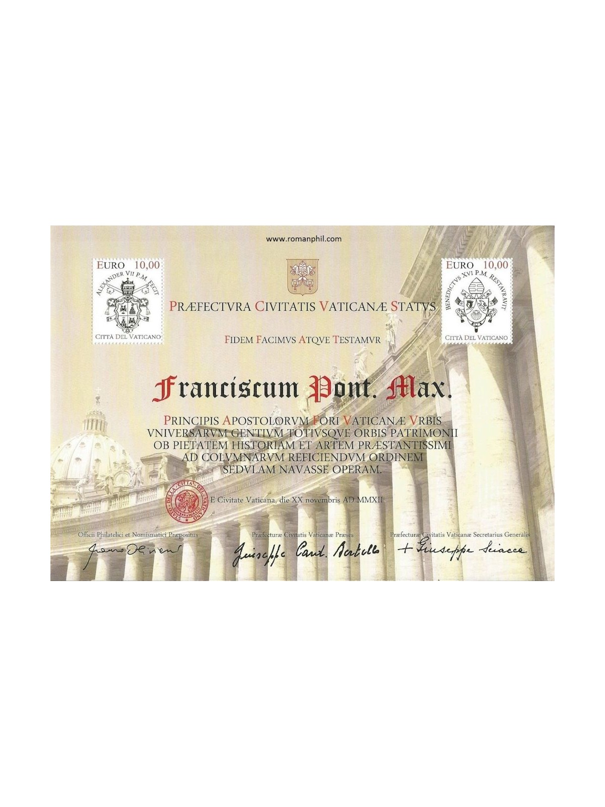 VATICANO 2012 Colonnato di Piazza San Pietro (Franciscum Pont Max) BF MNH**