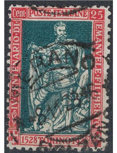 ITALY KINGDOM 1928 Emanuele Filiberto 25c carmine and green dent. 11 used