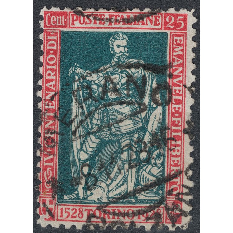 ITALY KINGDOM 1928 Emanuele Filiberto 25c carmine and green dent. 11 used