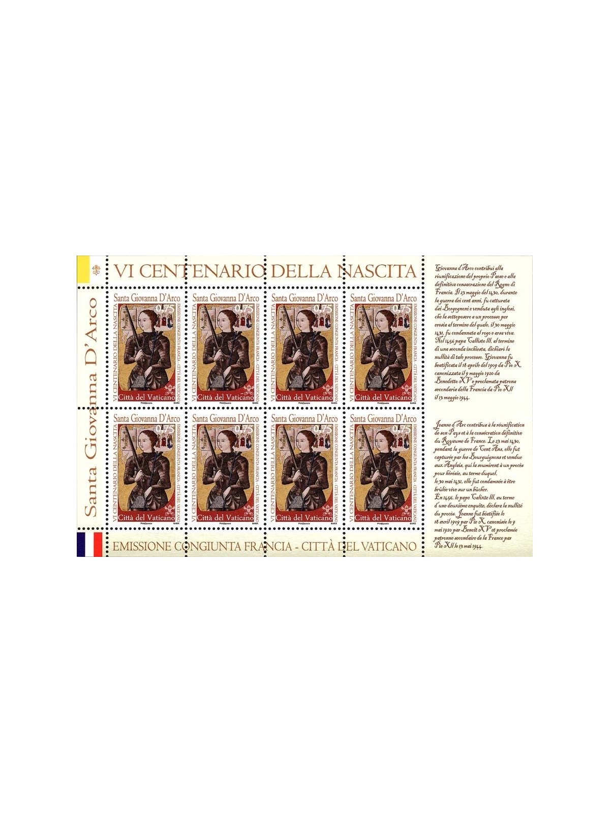 VATICANO 2012 Giovanna d'Arco BF MNH**