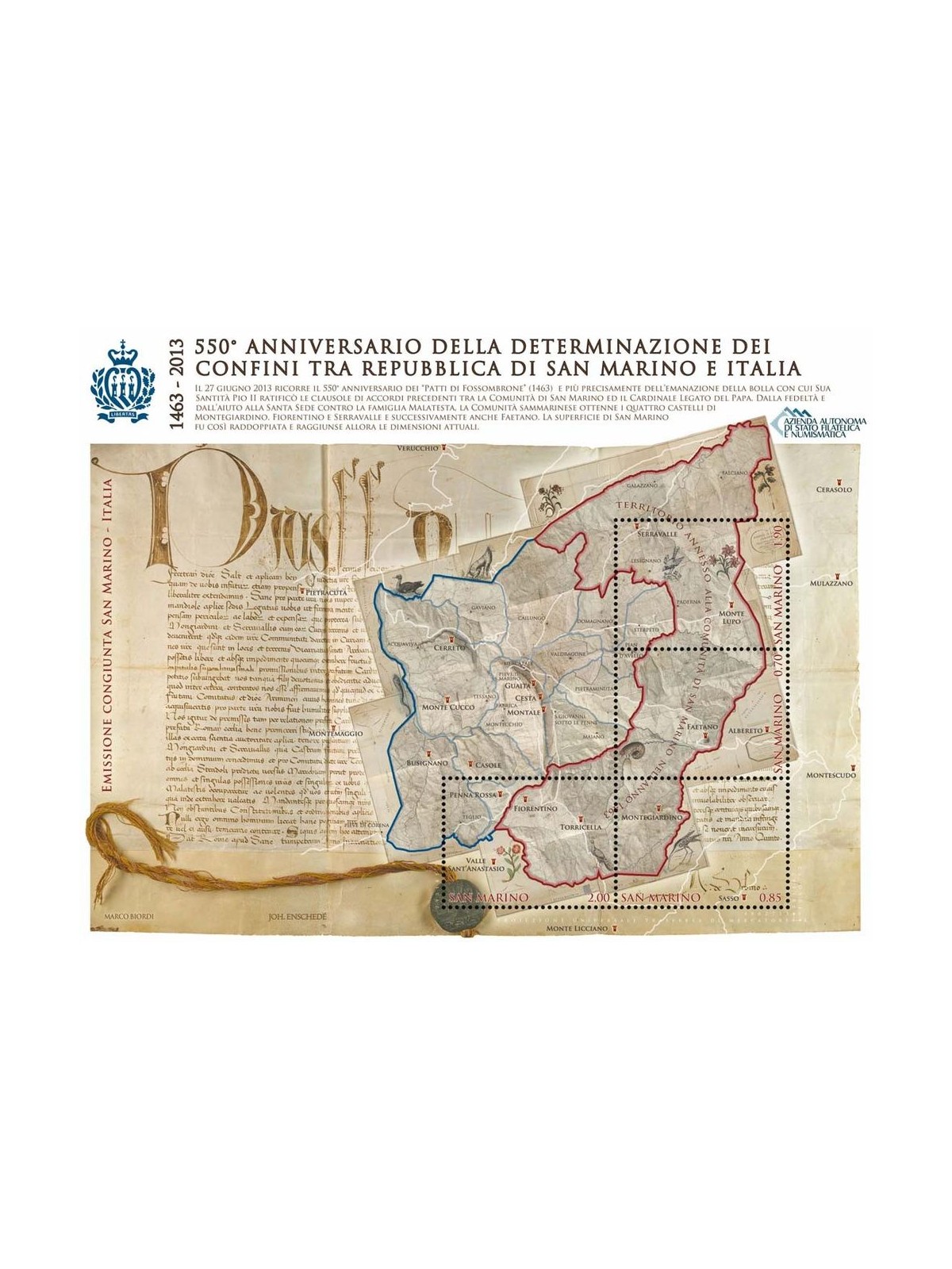 SAN MARINO 2013 Confini tra San Marino e Italia BF MNH**