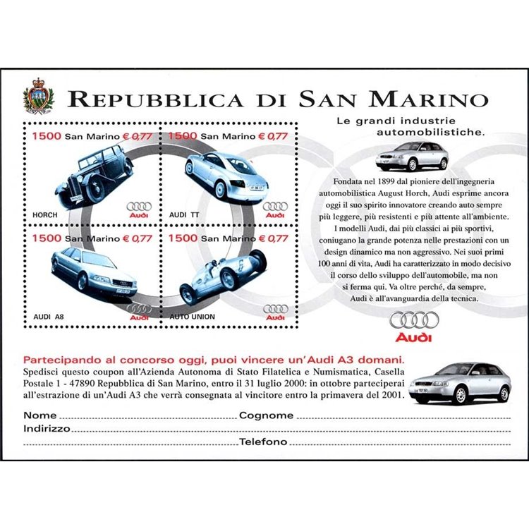 SAN MARINO 1999 Automobiles, Audi s/s MNH**