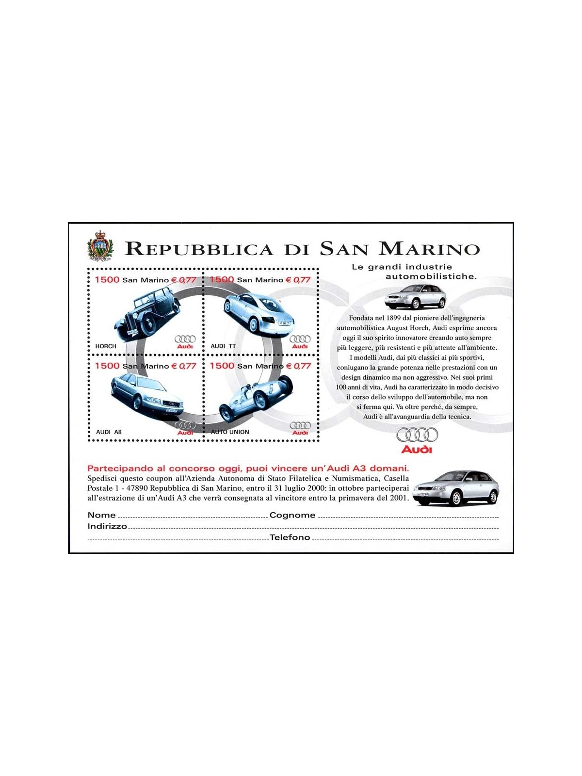SAN MARINO 1999 Automobiles, Audi s/s MNH**
