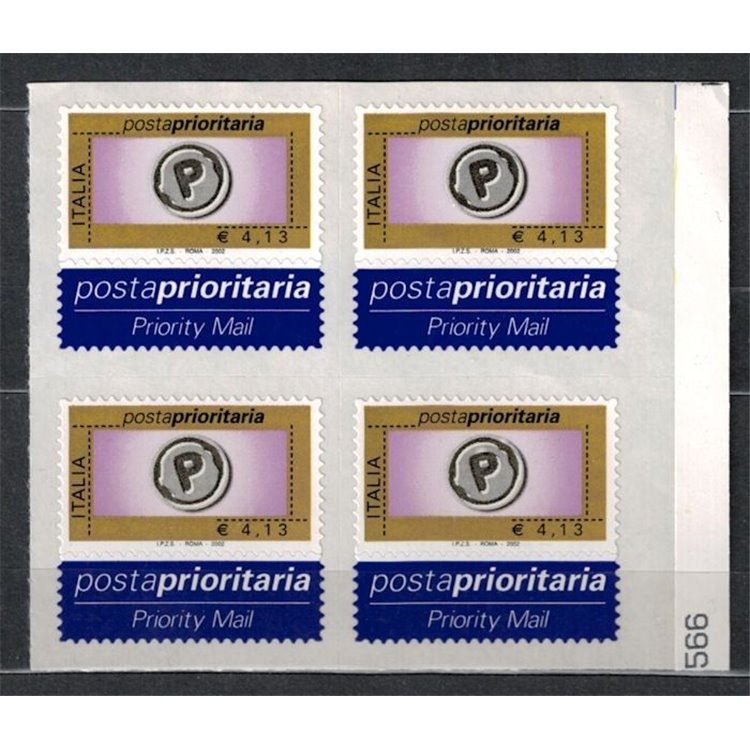 ITALY 2002 Priority mail € 4.13 in block of four MNH**