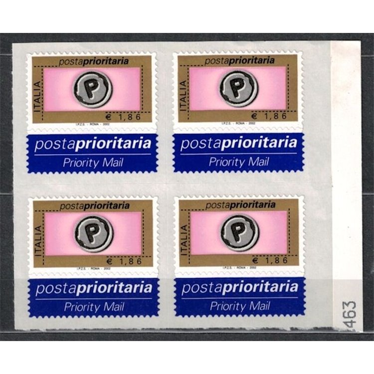 ITALY 2002 Priority mail € 1.86 in block of four MNH**