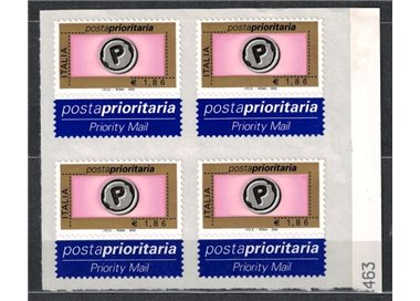 ITALY 2002 Priority mail € 1.86 in block of four MNH**