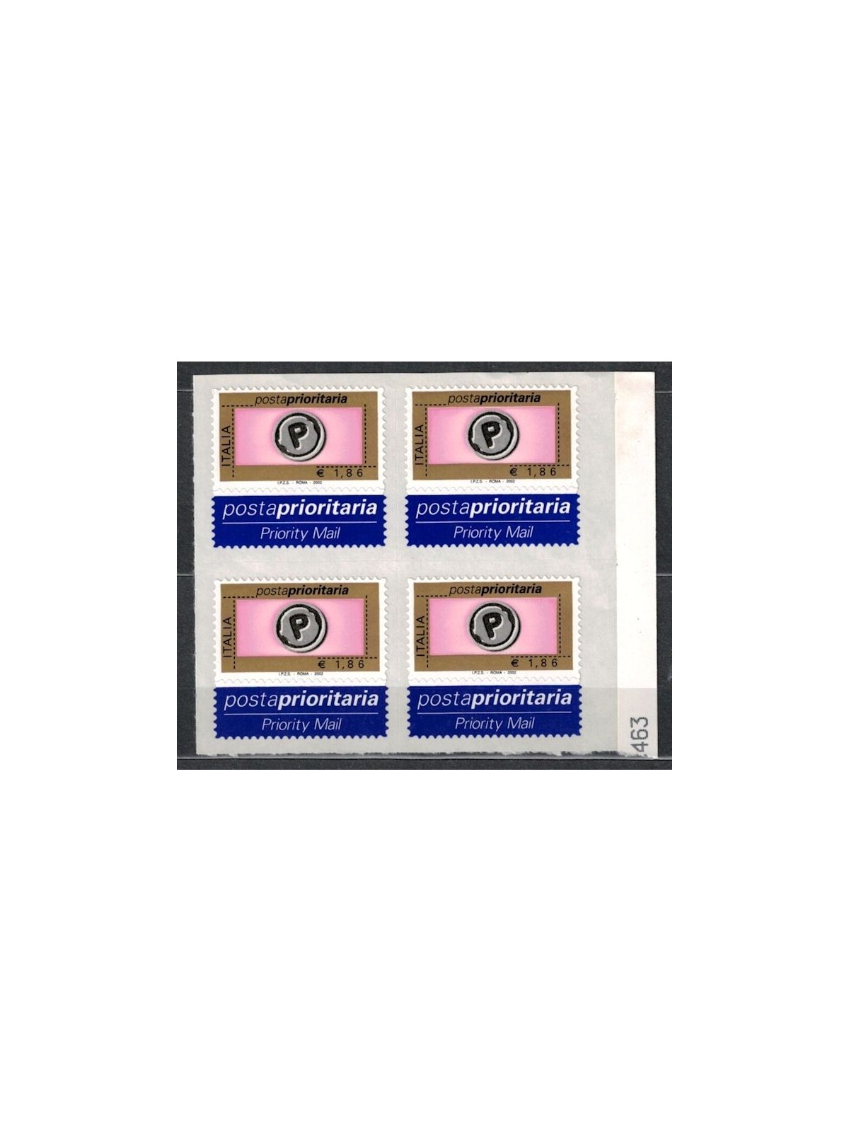 ITALIA 2002 Posta prioritaria € 1,86 in quartina MNH**