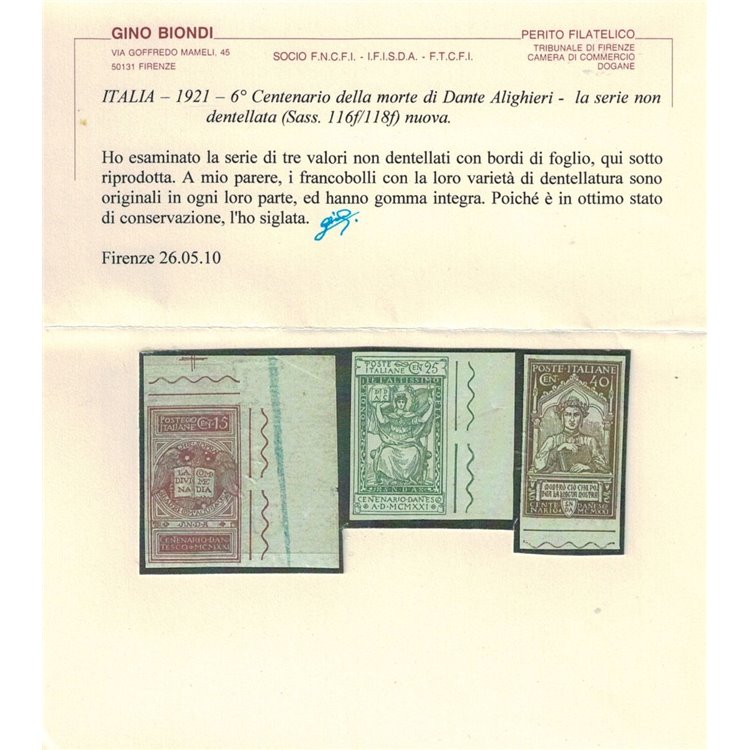 ITALIA REGNO 1921 Varietà Dante Alighieri 3v MNH** nd ©