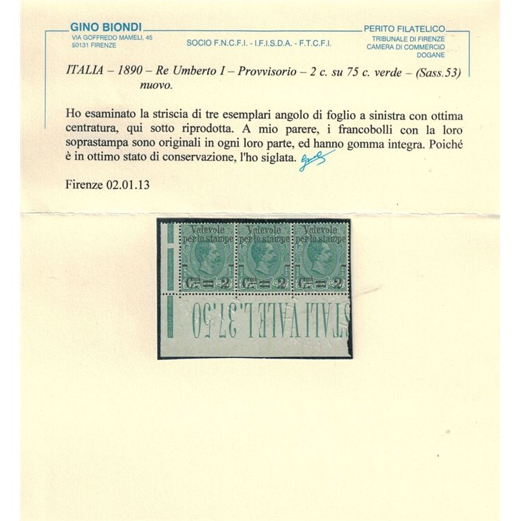ITALIA REGNO 1890 Valevole per le stampe 2c su 75c verde in terzina MNH** ©