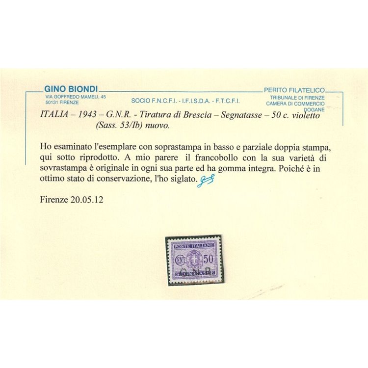 ITALIA RSI 1943 Segnatasse GNR 50c (Brescia) varietà (soprast. in basso) MNH** ©