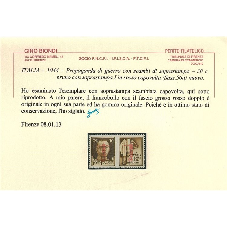 ITALY RSI 1944 War propaganda 30c variety (overprint upside down) MH* ©