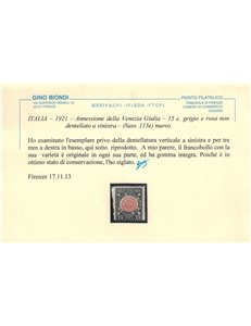 ITALIA REGNO 1921 Varietà 15c Venezia Giulia non dent. a sx MNH** ©