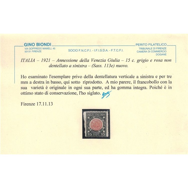 ITALIA REGNO 1921 Varietà 15c Venezia Giulia non dent. a sx MNH** ©