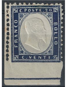 ITALIA REGNO 1862 Varietà 20c indaco non dentellato in basso MNH**