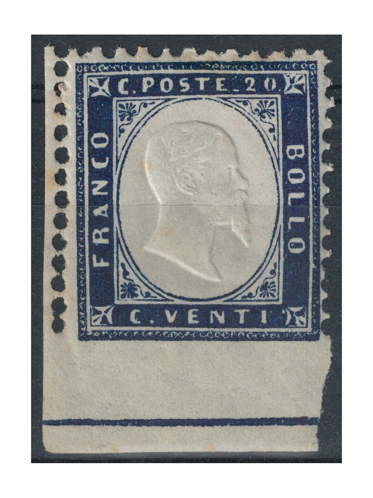 ITALY KINGDOM 1862 Variety 20c indigo not perforated at the bottom MNH**