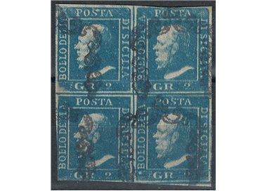KINGDOM OF SICILY 1859 2 grana azzurro in quartina used