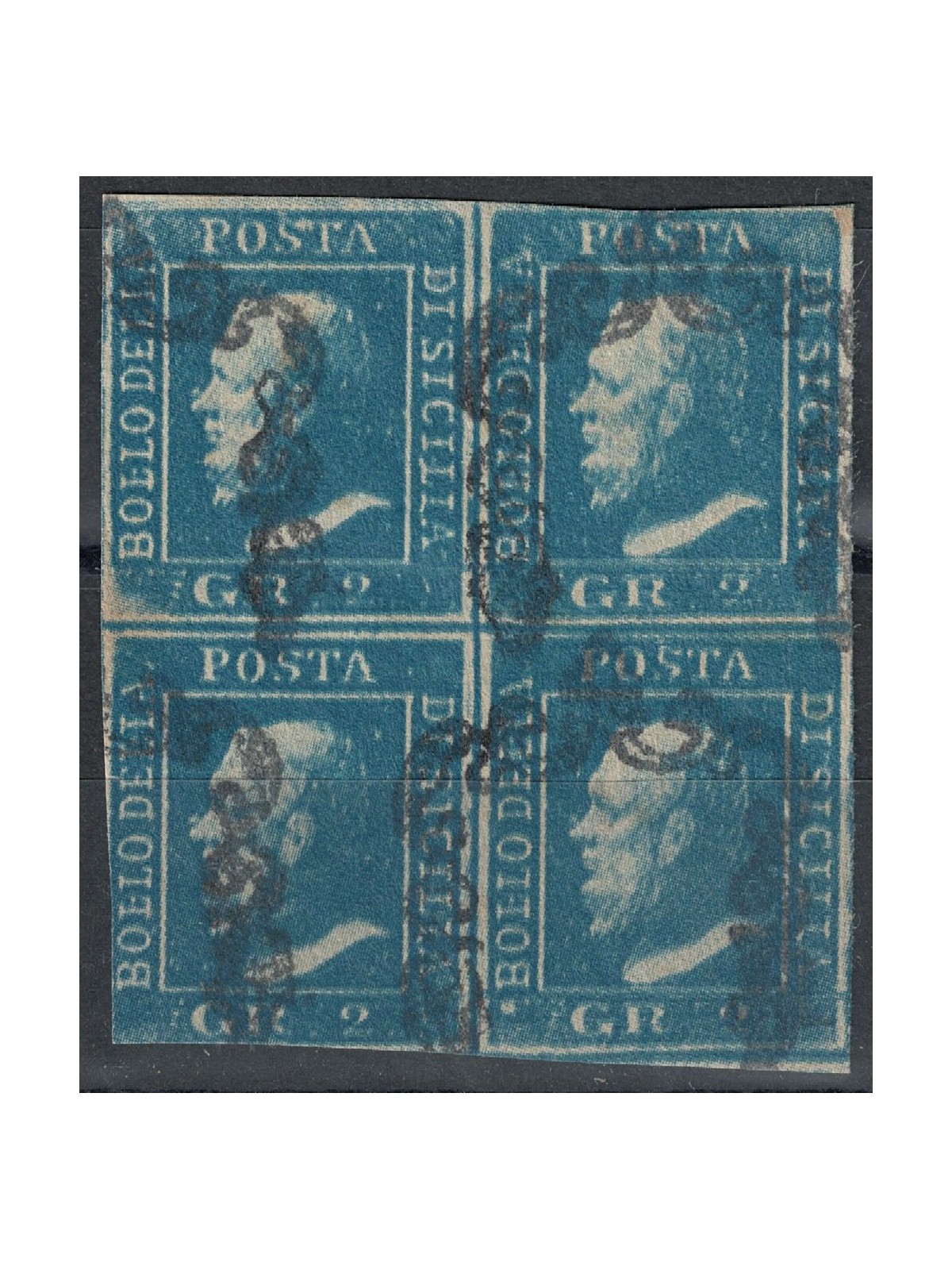 REGNO DI SICILIA 1859 2 grana azzurro in quartina us