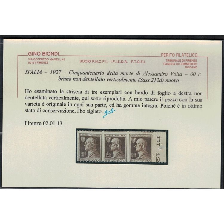 ITALIA REGNO 1927 Alessandro Volta 60c Varietà (terzina non dent.) MNH** ©