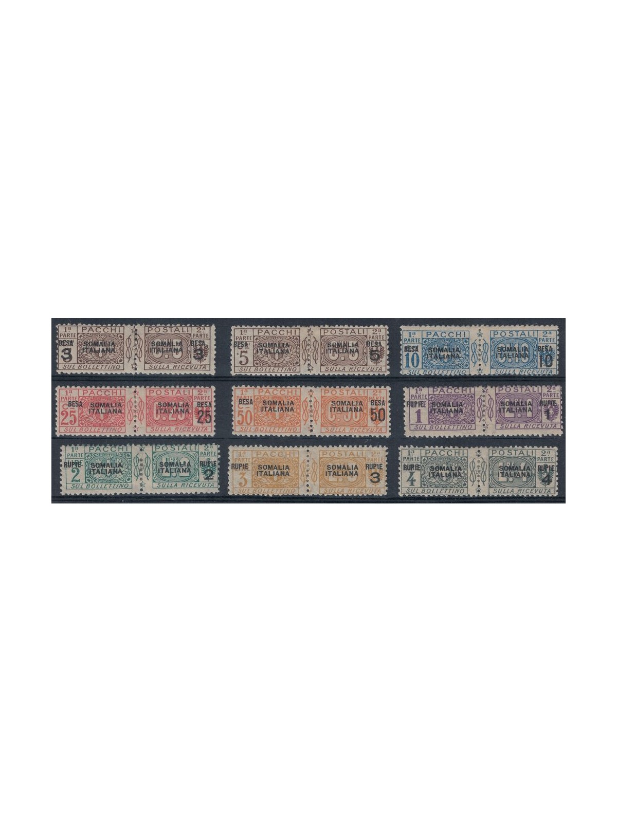 ITALIAN SOMALIA 1923 Postal parcels overprinted in besa and rupees 9v MH*