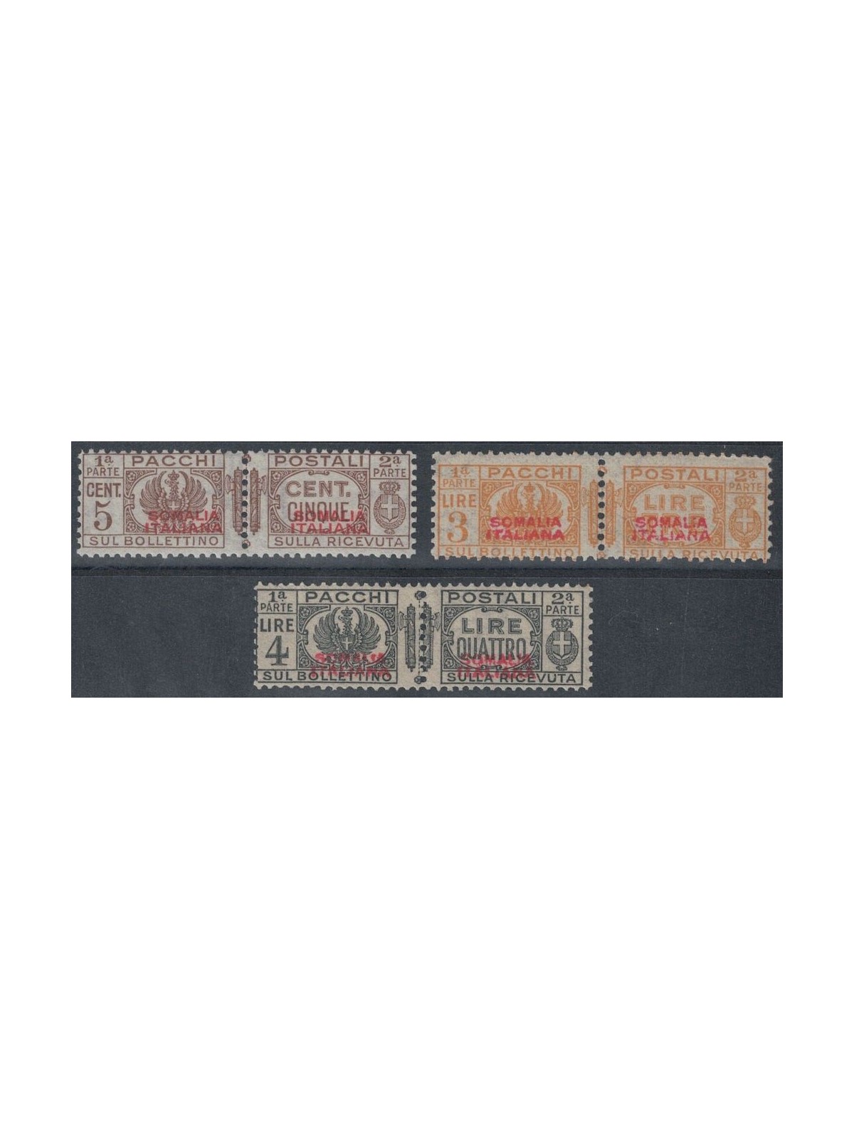 SOMALIA ITALIANA 1930-37 Pacchi postali, soprast. rossa I tipo 3v MH*