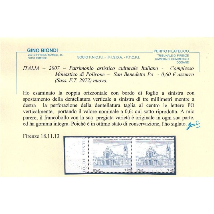 ITALIA 2007 Varietà Polirone (dent. spostata a sx) 2v MNH** ©