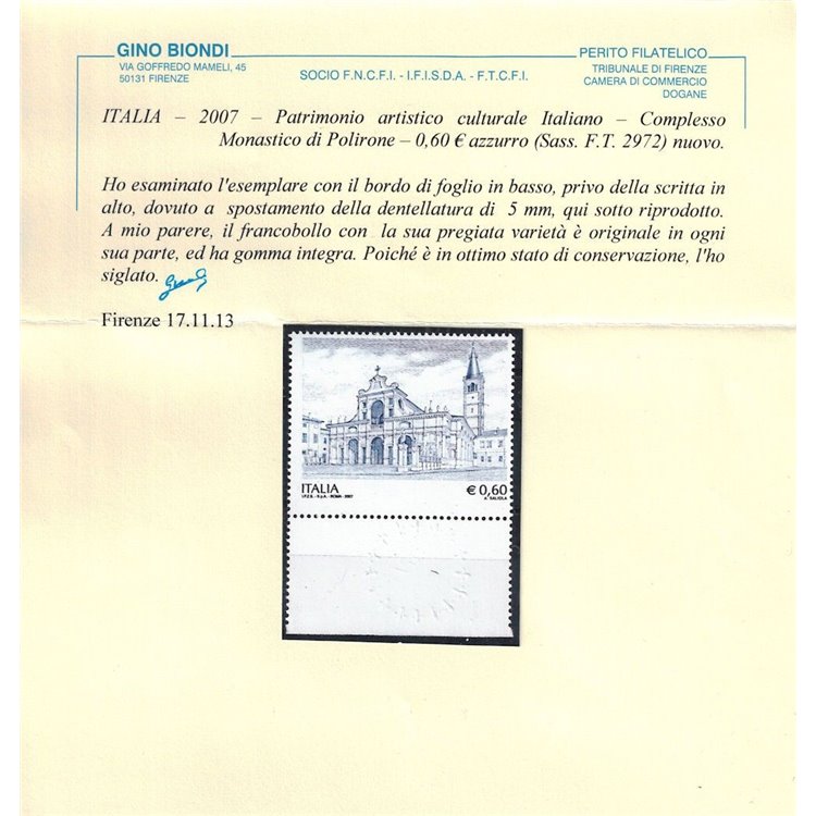 ITALIA 2007 Varietà Polirone (dent. spostata in basso) MNH** ©