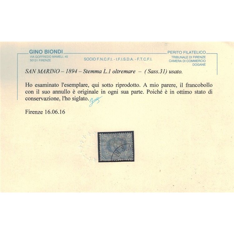 SAN MARINO 1894-99 1₤ azzurro grigio us ©