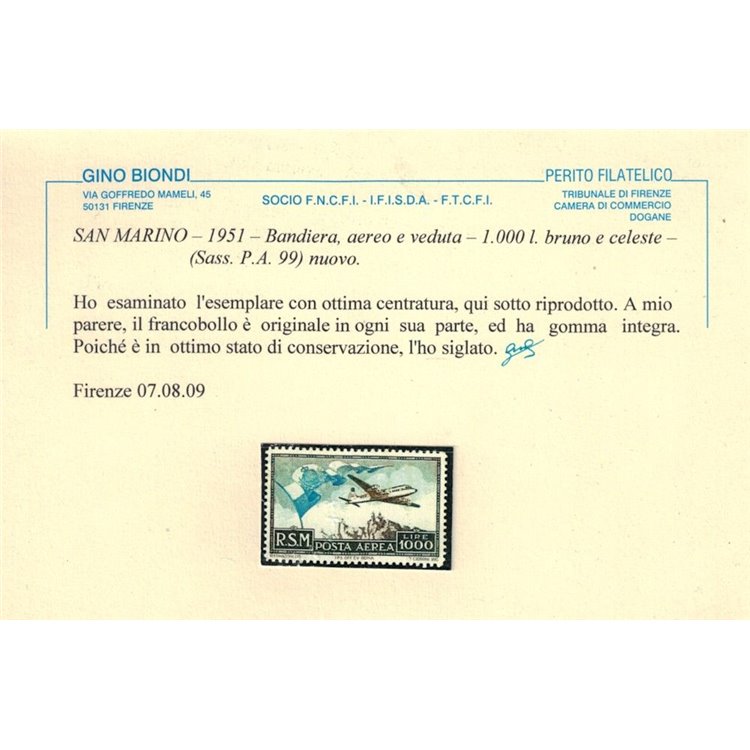SAN MARINO 1951 Posta aerea ₤ 1000 MNH** ©