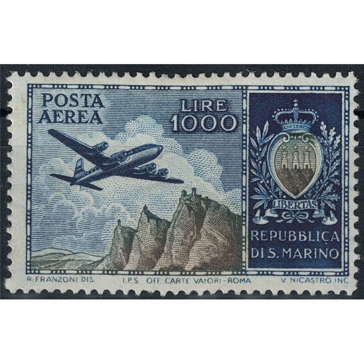 SAN MARINO 1954 Aeroplane and coat of arms (airmail) MH*