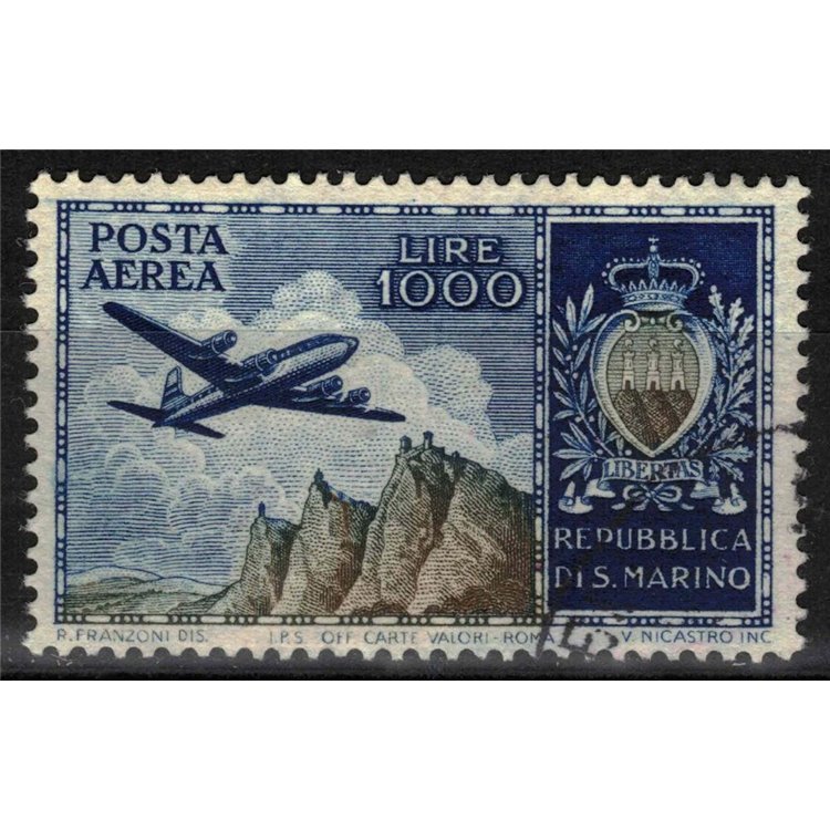 SAN MARINO 1954 Aeroplane and coat of arms (airmail) us