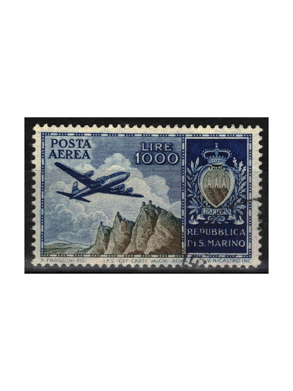 SAN MARINO 1954 Aeroplane and coat of arms (airmail) us