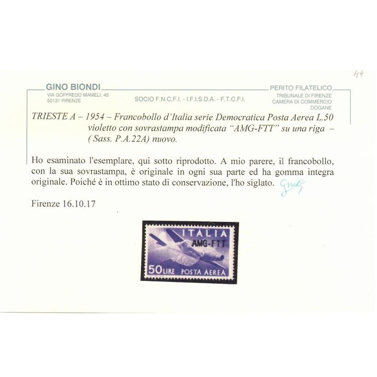 TRIESTE A 1954 Democratica (posta aerea) MNH** ©