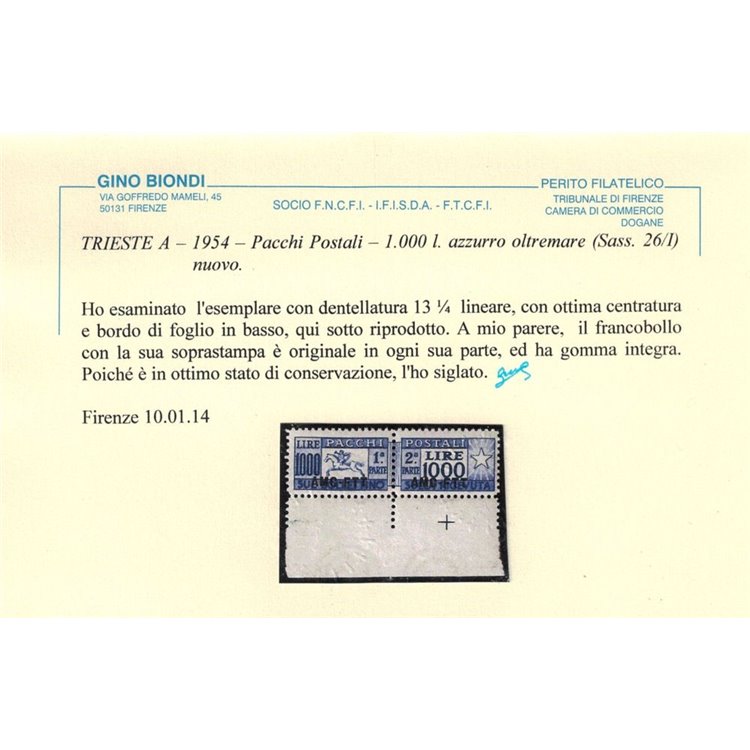 TRIESTE A 1954 Pacchi postali ₤ 1000, cavallino (lineare) MNH** © (Lusso)