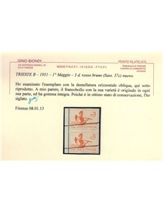 TRIESTE B 1951 Varietà 1° maggio, dentellatura obliqua 2v MNH**