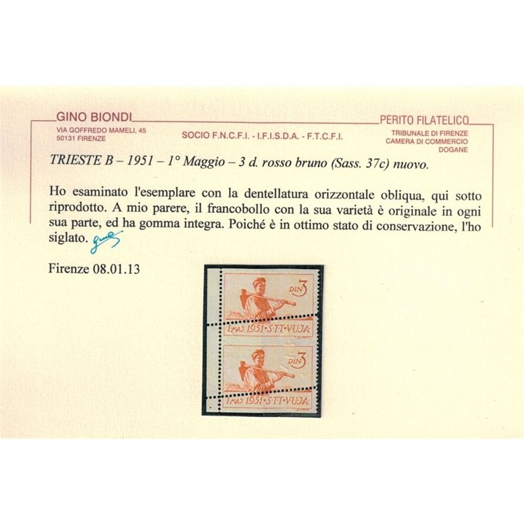 TRIESTE B 1951 Varietà 1° maggio, dentellatura obliqua 2v MNH**