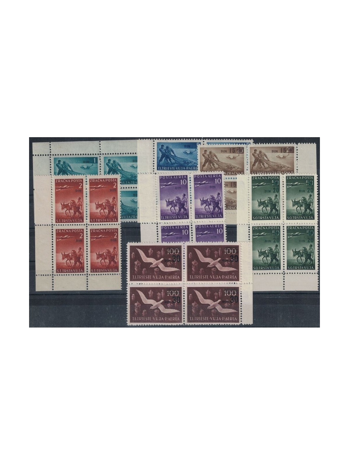 TRIESTE B 1949 Serie Pittorica soprastampata Din (in quartina) 7v MNH**