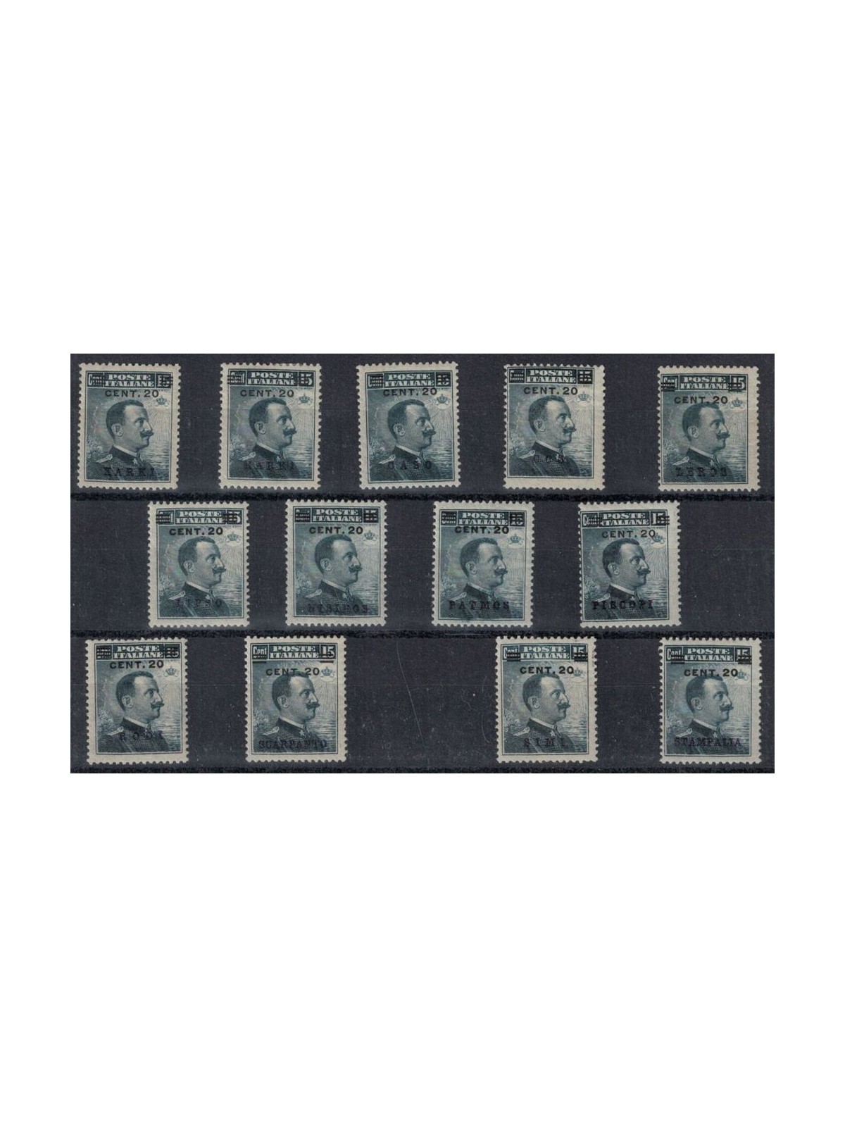 EGEO 1916 20c su 15c grigio nero, giro completo 13 isole MH*